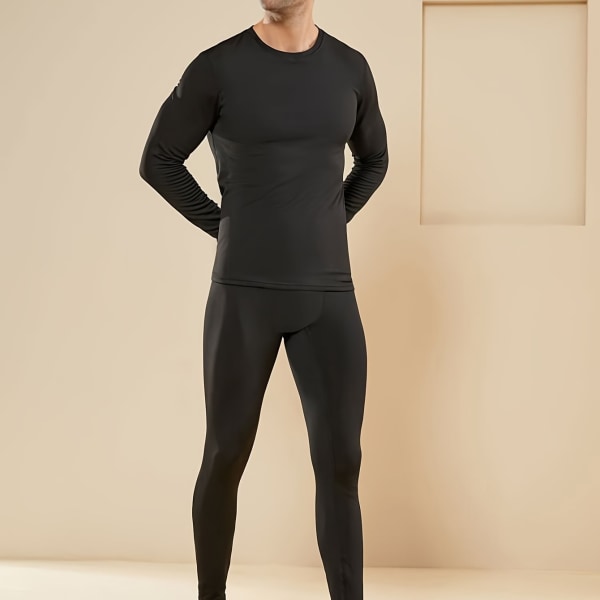 Thermal i fleece för män, set med baslager för vintern, snabbtorkande löpbasketträningskläder Black L(50)