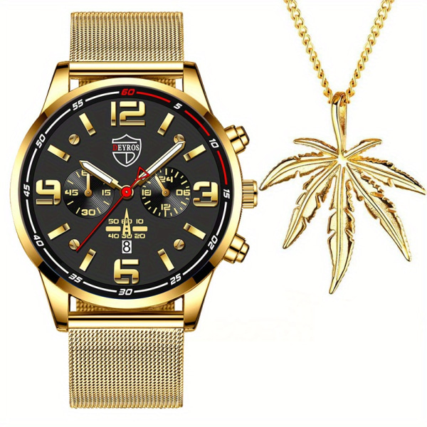 2st/ set, Herrmode Business Mesh Bälteskalender Quartz Watch & Halsband Set, Present till far och pojke Black&Black
