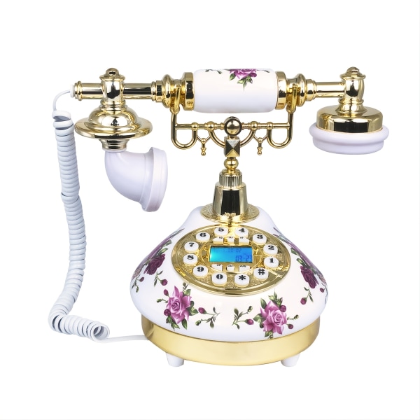 Vit antika telefoner med sladd fasta hemtelefoner Vintage klassisk keramik hemtelefon Antik hemmakontor Konstaffärer Present White