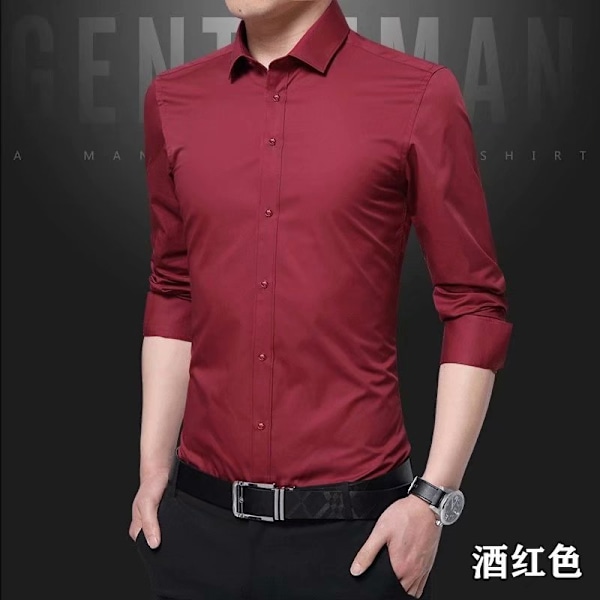 Vår Och Höst Vit Skjorta Herr Långärmad Trendig Business Slim-Fit Koreansk Stil Stilig Skjorta Professionell Klänning Herr Skjorta Trendig Wine Red 5XL