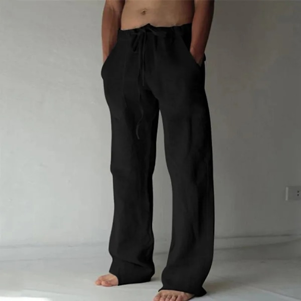 Män Casual Byxor Klassisk Tunn Lin Byxor Sommar Mode Baggy Rak Pant Drawstring Elastisk Midja Solid Färg black Asian-5XL