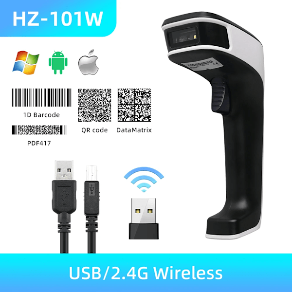 HZ-101WB kablet/trådløs 2.4G/Bluetooth håndholdt 2D stregkodescanner til 1D/2D, QR/DM/PDF417 kode til nventory POS terminal HZ-101W  2.4G 2D