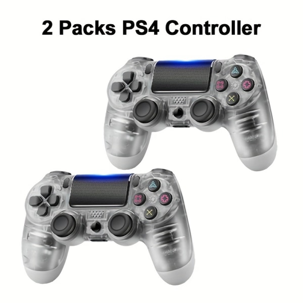 (2 förpackningar) trådlös handkontroll för PS4, kontroll med LED-ljus, 2 motorer, sensor, hörlursuttag, ingen högtalare, stort inbyggt batteri (2 pack: Transparent White 2