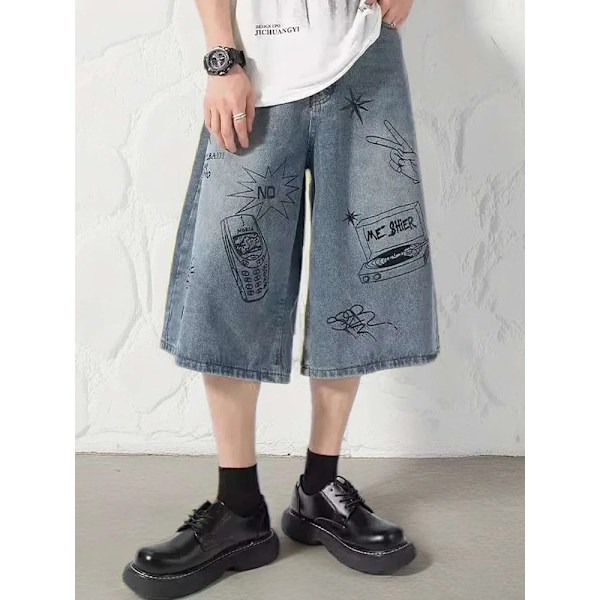 Sommer Mænd Shorts Hip Hop Lommer Rak Bred Længde Mand Malede Harajuku Jeans Baggy Loose Cool Streetwear Korte Bukser Blue XXL