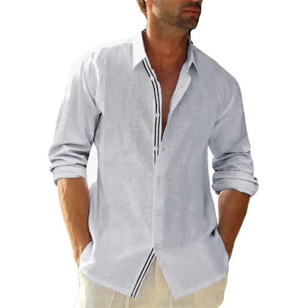 2023 Autumn Solid Herrskjorta Baggy långärmad knapp Hawaiiansk 100 % bomull Linneskjorta för män Blus Camisa Masculina Streetwear S95532344 L