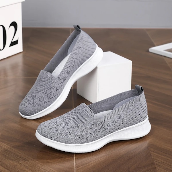 Kvinder Walking Træner Sko Mesh Sport Åndbare Letvægts Flats Bløde Sål Casual Strikkede Sneakers Grey 37