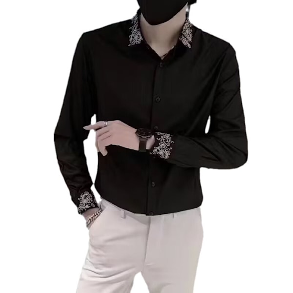 Våren Och Hösten Broderade Svarta Skjorta Mäns Lång Ärm Hög Grad Ruan Handsome Casual Skjorta High-End Mode Märkere Slim Topp Black L
