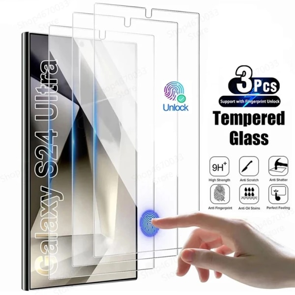 3st skärmskydd för Samsung Galaxy S24 S23 S22 S21 Ultra Plus HD härdat glas Fingeravtryckslås upp telefontillbehör cover S22 3 Pieces