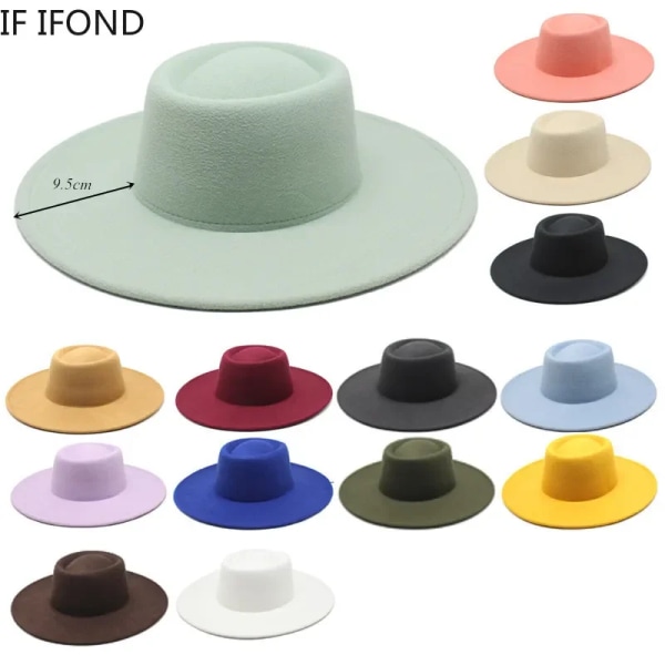 Klassisk brittisk stil 9,5 cm stor bred brättad Fedora-hatt för kvinnor mode höst vinter filt kyrkhattar Bröllopsklänning Cap Brown 57-59CM