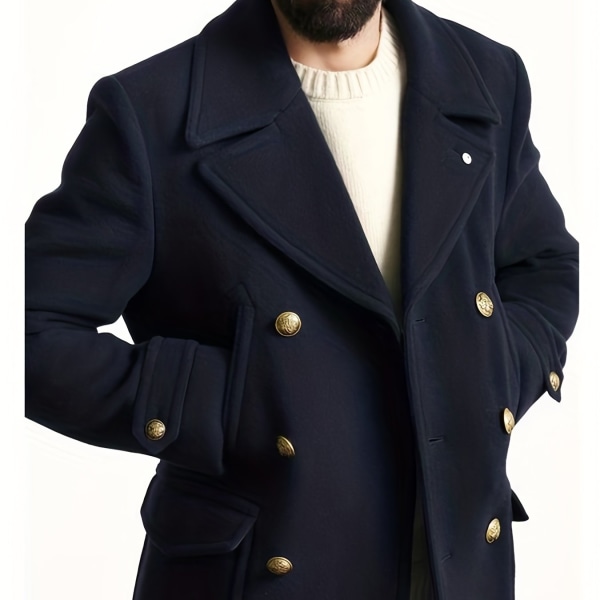 Trendig retro enfärgad långärmad kappa för män Windbreaker Lapel lång överrock för höstvinter Navy Blue XXXL(56-58)