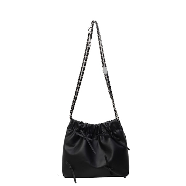 2024 Spring Style Bow Chain Väska Kvinnlig Partsu Axelpåse Kvinnlig Solid Färg Mjuk Läder Pleated Bucket Bag Ti Ti Det Silver