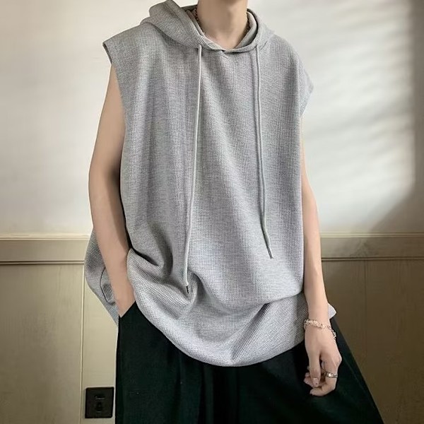 Pluskoko Casual Hupullinen Liivi Trendikäs Harajuku Japanilainen Tyyli Miesten Vohvelit Trendikäs Hikoilematon Hihaton T-paita Pyöreä Kaula-aukko Kesä Ohut Grey M