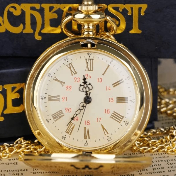 Vintage kreativa romerska siffror kvarts watch, svart case Halsband hängande klocka med kedja, present till son Golden
