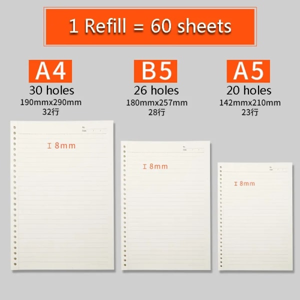Lösblad anteckningsbok A5/B5/A4 Ringpärm Mejeripapper Refill 60 ark för mapp Skolmaterial Planerare Tillbehör Brevpapper Blank refill A5