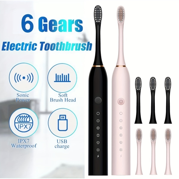 Sonic elektrisk tandborste, automatisk USB uppladdningsbar IPX7 vattentät tandborste Utbytbar tandborste, med 4st/8st utbytesborsthuvuden X3-Pink(Total 4 Heads)