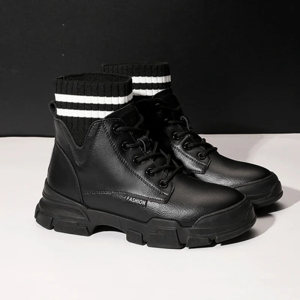 Höst och vinter nya casual snörning och fleece martens stövlar mode stövlar damskor trend mid-calf stövlar Black Plush 37