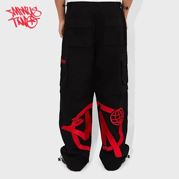 Minus Två Y2k Fashion Gata Pant Svarta Flera Fickor Lastbyxor Män Kvinnor Hög Midja Rak Joggers Baggy Sport Byxor S black pink L