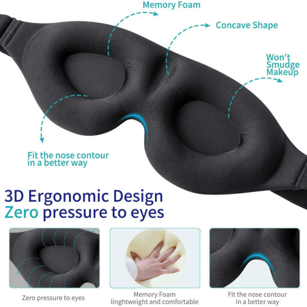 1 st sömnögonmask för män kvinnor, 3D-formad kopp sovmask och ögonbindel, konkav gjuten nattsömnmask, blockera ljus Black