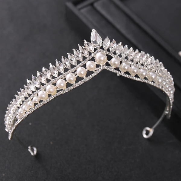 Barock Vintage Pearl Crystal Crown Tiara Strass Prom Diadem Pannband För Kvinnor Brudbröllop Håraccessoarer Smycken Present Silver