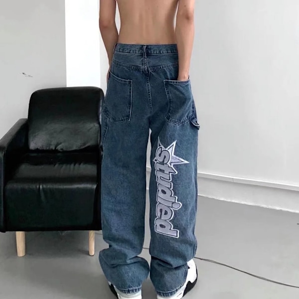 Hösten New Streetwear Män Baggy Bredben Jeans Retro Harajuku Hip-Hop Letter Thermoprint Överdimensionerad Raktbyxor S Y2k Jeans Blue Asia S (42.5-50kg)