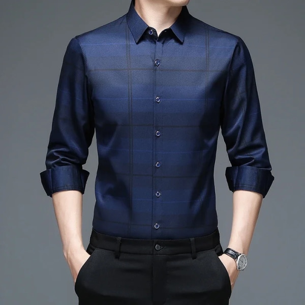Ny casual och fashionabel långärmad tröja för män med printed anti-rynk-businessskjorta Lake blue M