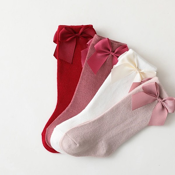 Ny Varumärke Baby Toddlers Socks Höst Vinterbarn Flickor Knä Hög Lång Strump Bomull Big Bow Spanska Style Kid S Golvsockor Red 0-1 Years (S)