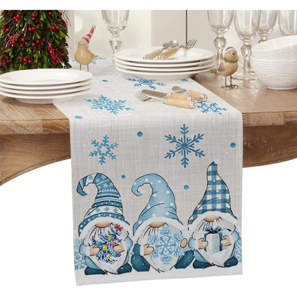 Jul Blå Nisser Vinter Snefnug Linned Bordløbere Bord Indretning Genanvendelige Jule Spisebord Løb Navidad Dekorationer 01 150x33cm 59x13inch