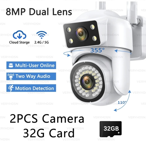 4K 8MP Wifi PTZ-kamera Dubbellins IP CCTV Videoövervakningskamera Ai Människoupptäckt Autospårning Nattseende utomhus Vattentät US PLUG 2PCS-8MP-32G