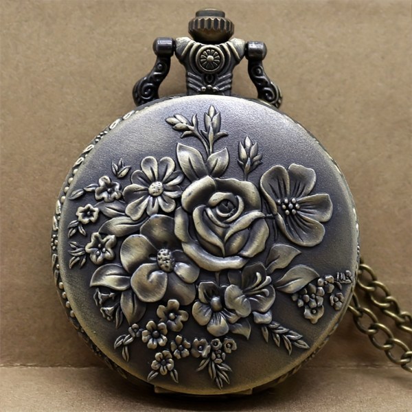Rose Flower Relief Quartz Fick Watch Vintage Brons Analog Halsband Chain Watch Alla hjärtans present till kvinnor Henne Bronze