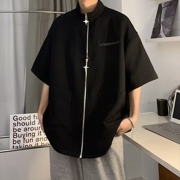 Våffel, Dubbel Dragkedja, Skjorta, Halv Ärm Sommar, Trendig, Pu Shuai, Casual, Mäns High Street Stand Krage, Skjorta Black M