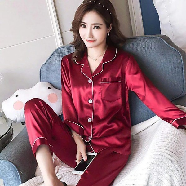 Naisten satiinipyjama Mukava loungewear-setti Syksy Pitkähihainen Napit Kaulus Toppi & Housut Loungewear 2-osainen Sleepwear Napit Alas Wine Red XXL