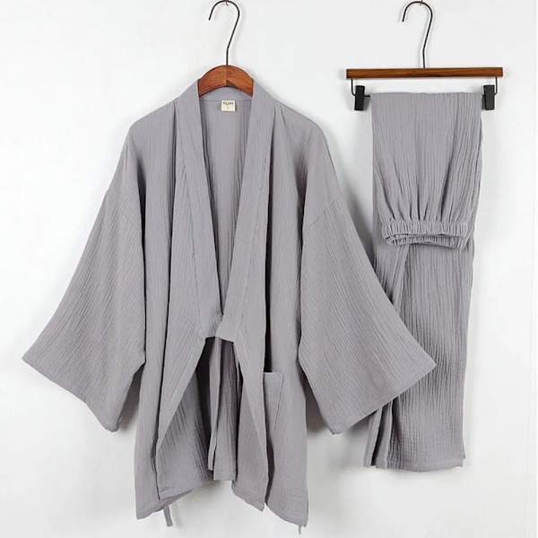 Bomull Japanska Kimono Pyjamas Män Långa Ärmar Byxor Casual Home Service Två-Stycke Kostym Bekväm Sömnwear Plus Storlek Gray M