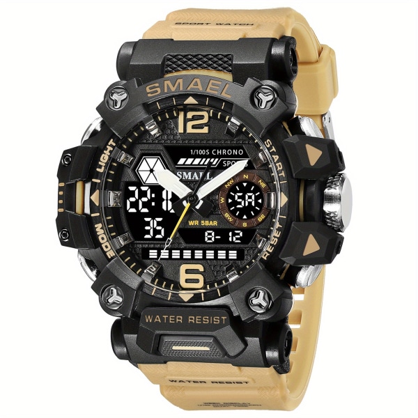 SMAEL Toppmärke Herrklockor Dual Display Quartz Watch för män Vattentät Sport Militär Armbandsur Led Digital klocka Khaki