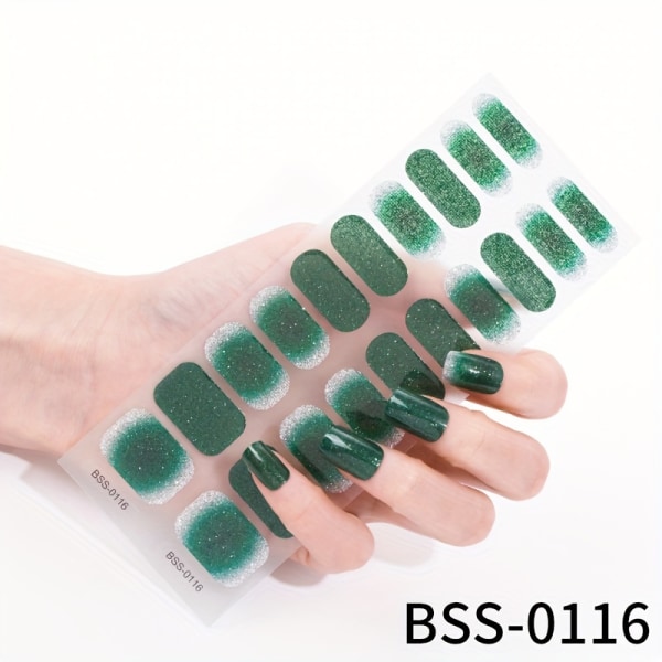 Halvhärdade Gel Nail Stirps, Långvarig & Salongkvalitet, Lätt att applicera och ta bort, Inkluderar nagelfil och träpinnar, Gradient och Glitter Design BSS-0116 Glitter Dark Green