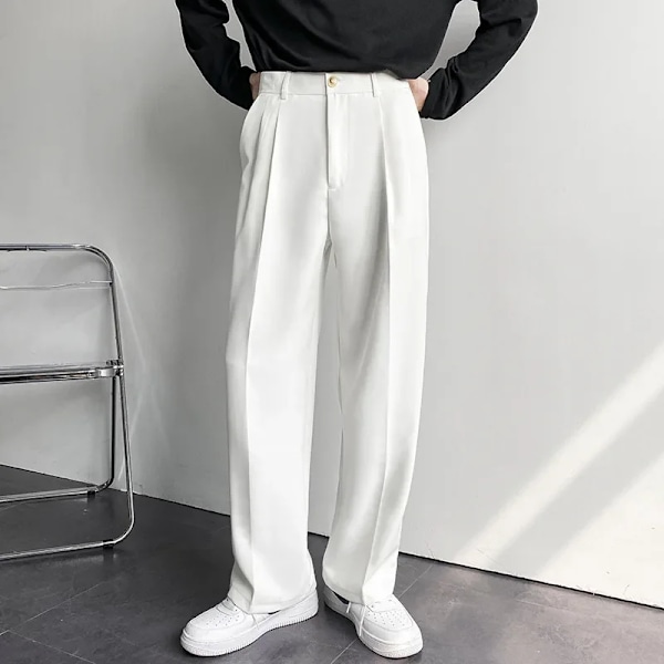 2024 Nya Män Vita Raka Byxor Mode Koreanska Lös Kostym Byxor Casual Draped Baggy Vit Bred Pant Male Streetwear WHITE 34