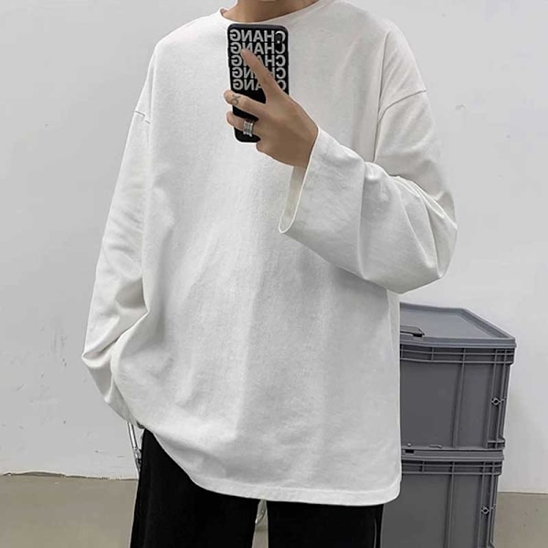 Plus Storlek Långärmade T-Shirt Mäns Vår Och Hösten Trend Pullover Toppar Lös Inre Slitas Casual Bott Tröja 2024 Nytt White M