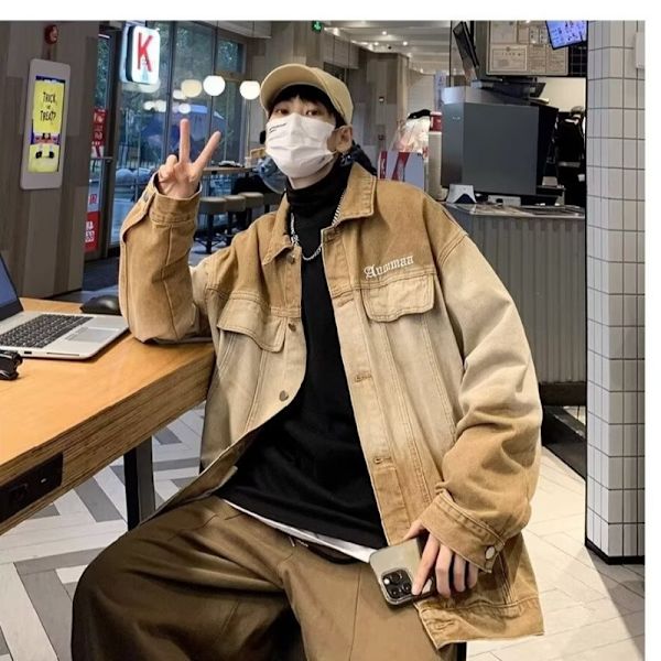 American Retro Gradient Denim Jakke Mænd Forår Og Efterår Mode Mærke High Street Pu Shuai Løs Fritid Arbejdstøj Rock Efterår Og Vinter Brown XL