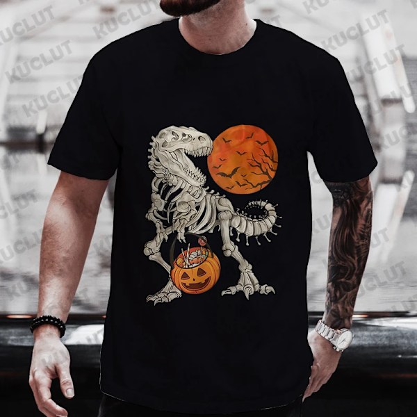 Halloween Dinosaur Skelett Skriv Ut Män T-Shirts Casual Summer Short Slem Tee Rolig Grafisk Y2k Toppar Harajuku Överdimensionerade Kläder 240716-2-1-1 5XL