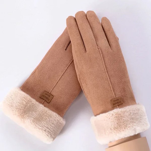 New Winter Fashion Women Warm Hand Gloves Cute Plush Windproof Full Finger Gloves Outdoor Cycling Sport Warm Touch Screen Gloves Coffee One Size