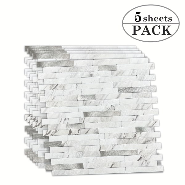 5 st metall aluminium självhäftande väggdekaler, plastskiva, vardagsrum, TV-bakgrundsvägg, badrum, heminredning White Marble 5 Sheets