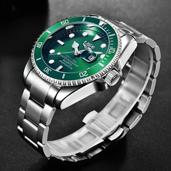 LIGE Toppmärke Lyx Mode Watch Herr 30ATM Vattentät Dateklocka Sportklockor Herr Quartz Armbandsur Silvery Green