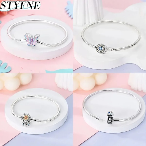 925 Sterling Silver Charm Gnistrande Rose Guld Kärlek Hjärta Sol Måne Diy Pärlband Original Armband Kvinnors Fina Smycken Gåva KYB0070 18cm