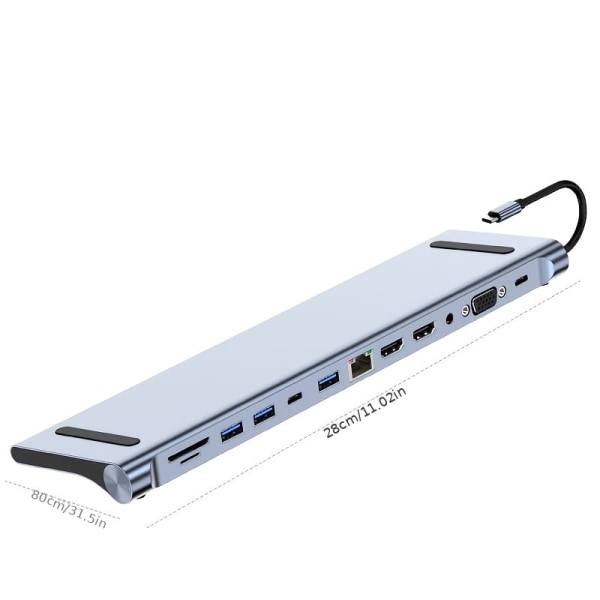 12-i-1 trippelskärm USB C-hubb med expansionsport USB3.0*1/USB2.0*3/HDMI*2/VGA*1/ 100 Mbit/s NIC *1/USB-C PD-laddning *1/TF *1 SD *1/ MacBook & Silver Gray