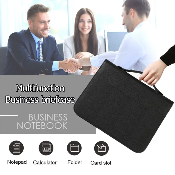 A4 Läder Portfolio Mapp Dragkedja Padfolio Med Handtag Pärm Miniräknare Notebook Dokument Organizer Män Business Portfölj Black