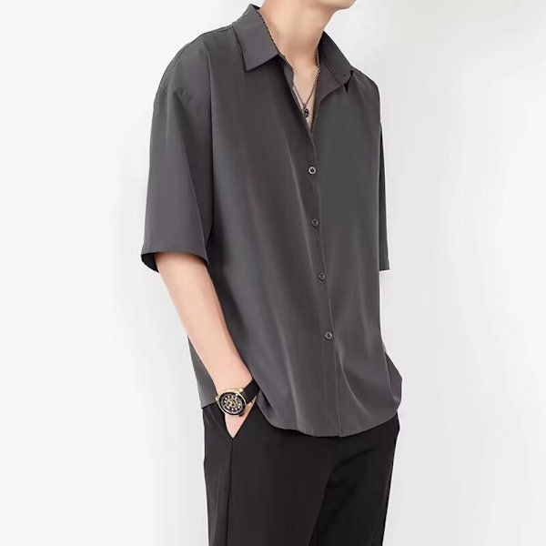 Ice Silk Skjorta Män Kort Ärm Sommar Trend Män Casual Rock Hög Grad Känsla Av Plankton Stilig Fem- Kvartär Ärm Svart Skjjorta Grey S