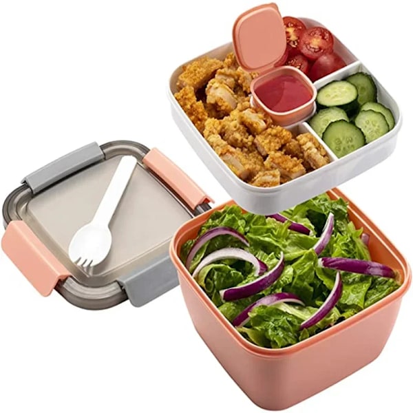 Portable Salad Lunch Container Salad Bowl 2 Compartments with Large Bento Boxes Salad Bowls Lunch Box Lunch Container For Food Pink 38oz