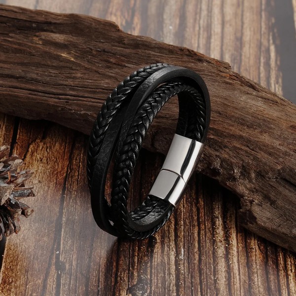Mode Enkel design Flerlagers läderrep Handvävt 316L magnetarmband i rostfritt stål Herrsmycken black 17cm