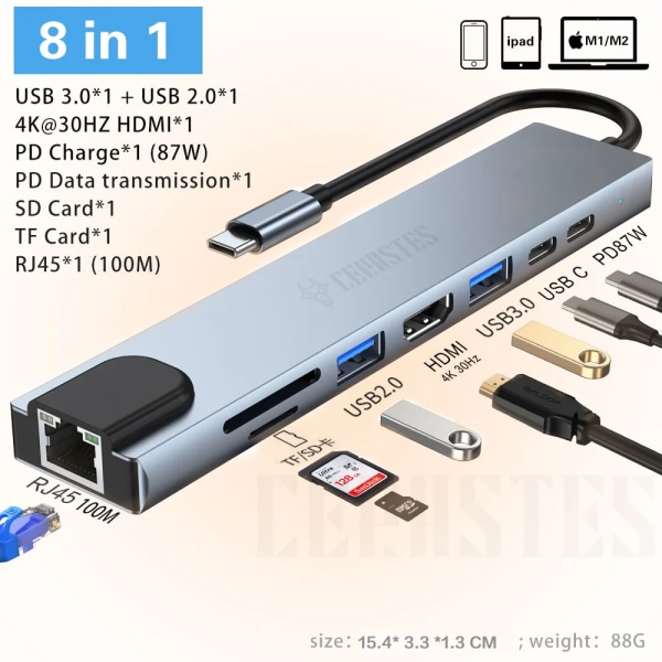 – Station d'accueil HUB USB 3.0 Typ C mot HDMI, adapter USB kompatibel för Macbook Pro Air, ordinator bärbar 6 IN 1