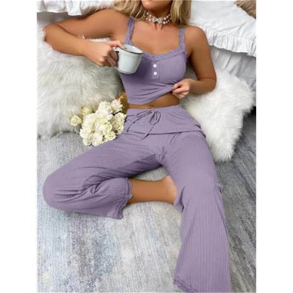 Kuumat alennukset Ammattimainen kesä Pehmeä Mukava Yksivärinen Kaksiosainen setti Kodikas Naisten Pyjama Bubble Purple L