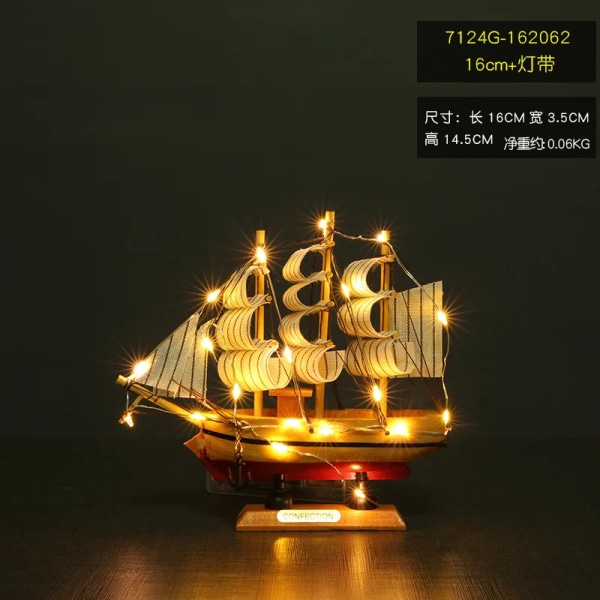Piratskepp Segelbåt modell Trä liten träbåt dekoration Tårtprydnader Fiskebåt hem bordsskiva dekoration LED 16-20cm LED as shown 20cm
